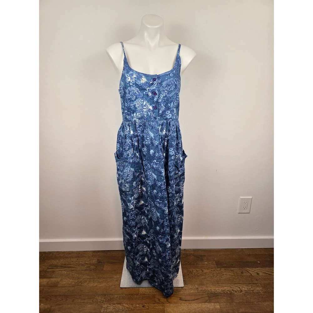 April Cornell Womens Blue Floral Cotton Maxi Dress Pockets Size L Sleeveless